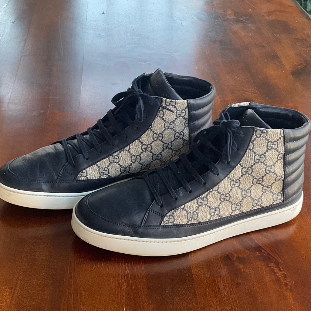 Gucci Black Leather & Beige Gg Monogram High-Top Sneakers